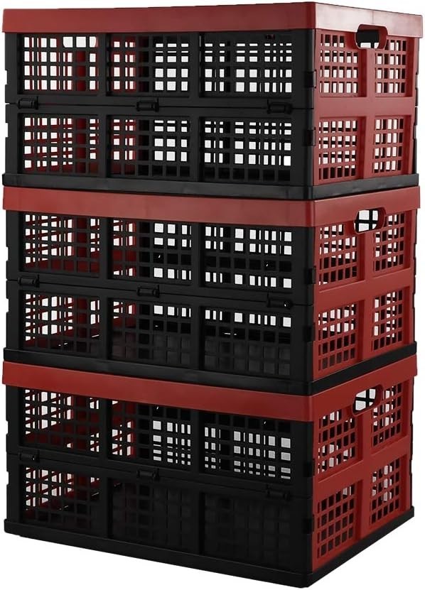 3 Pack Folding Plastic Storage Crates 32L 44.5x34.5x23cm Red