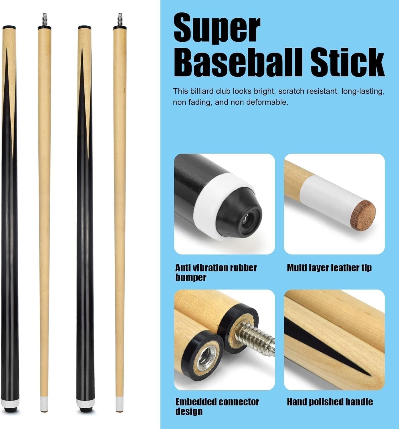 58" Pool Cue Stick Set of 2 18oz Canadian Hardwood 13mm Tip