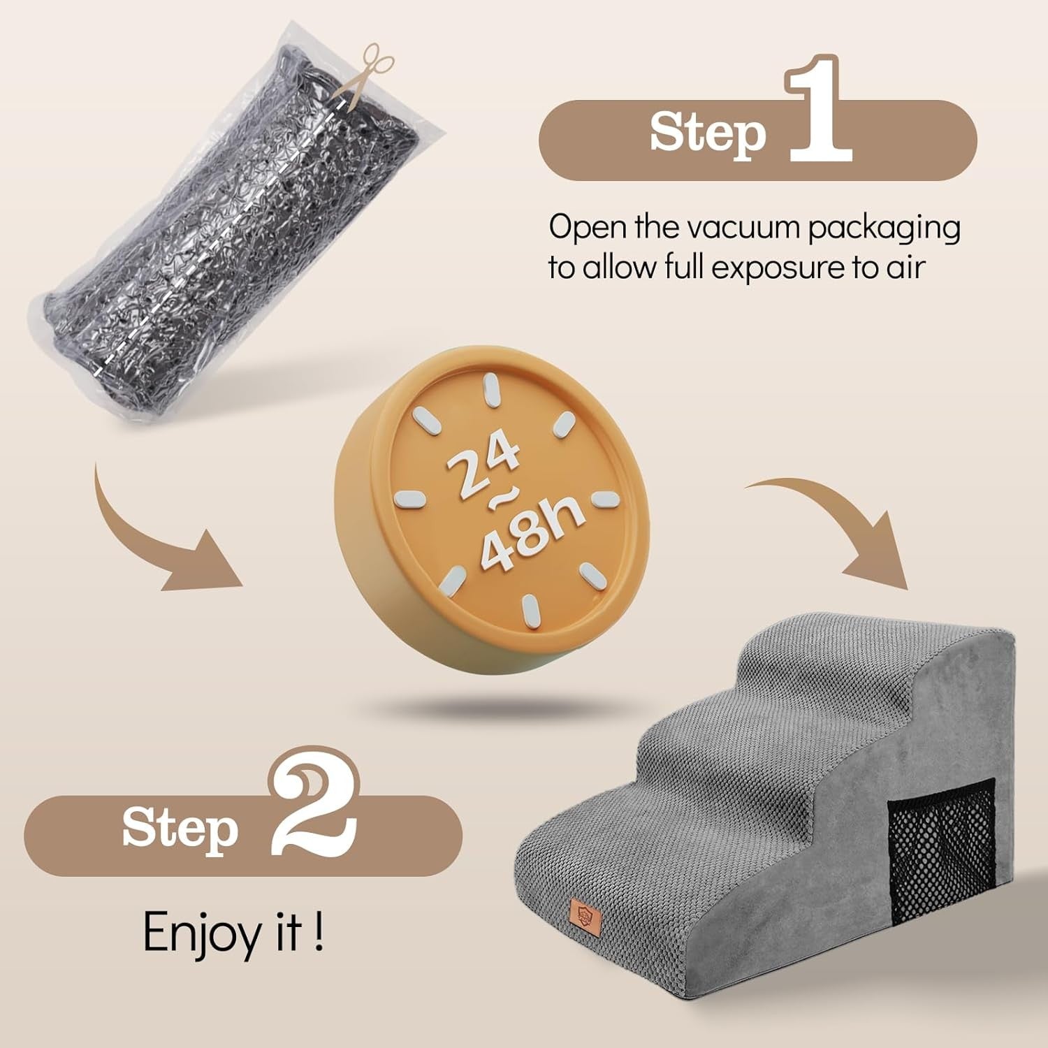 3 Step Dog Stairs Ramp for Sofa Bed Non Slip Washable Grey 60x40x40cm