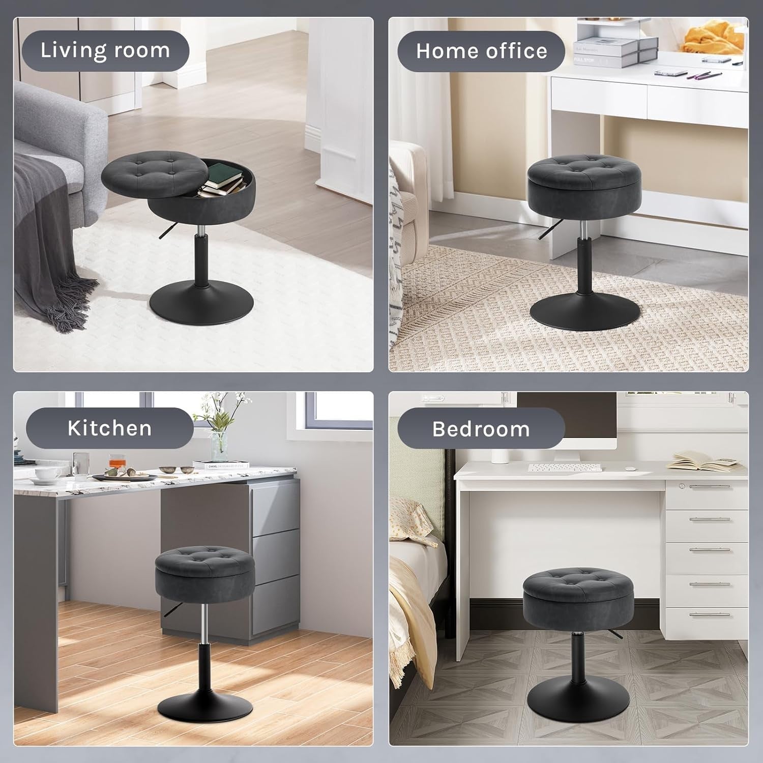 Anthracite Swivel Vanity Stool with Storage Adjustable Faux Leather Seat