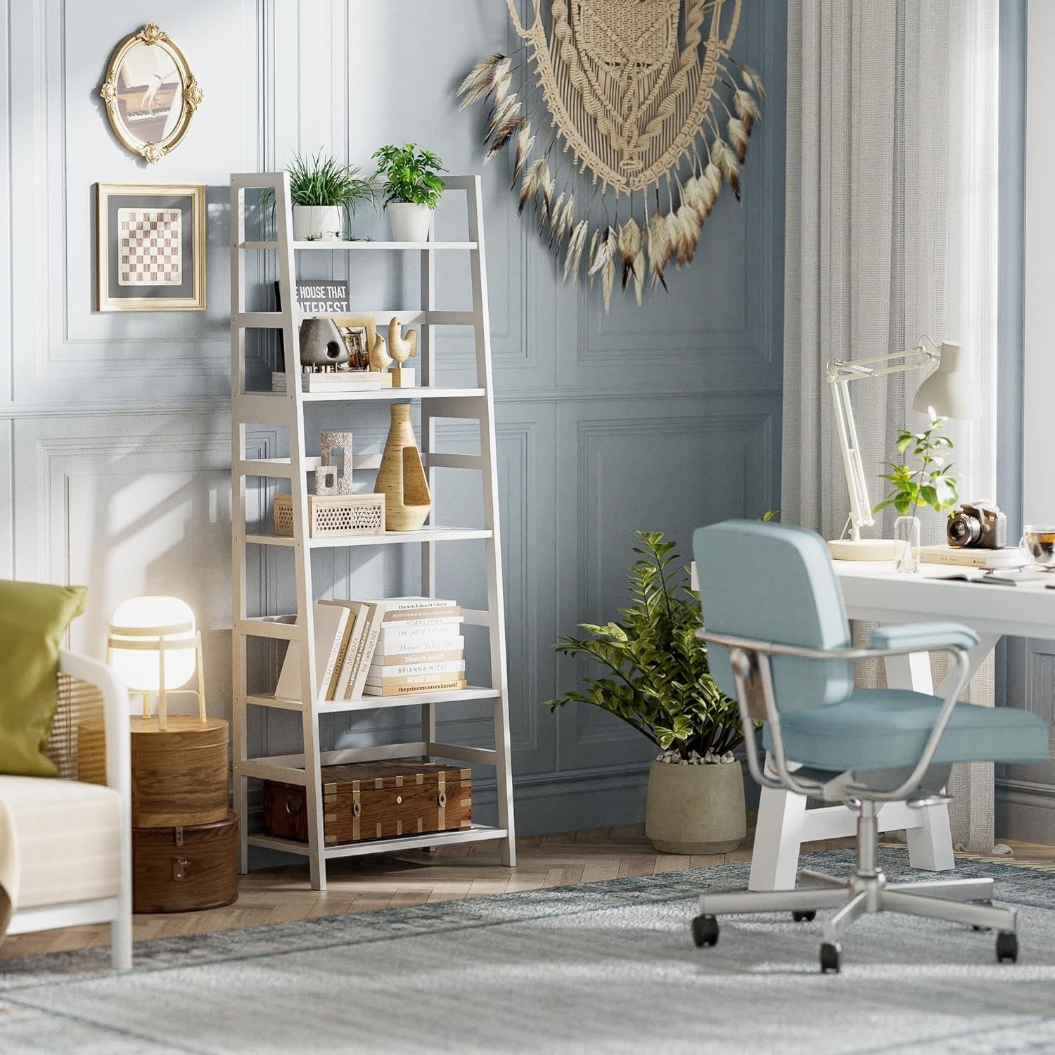 White 5-Tier Bamboo Ladder Bookcase, Heavy Duty Tall Display Storage Shelf
