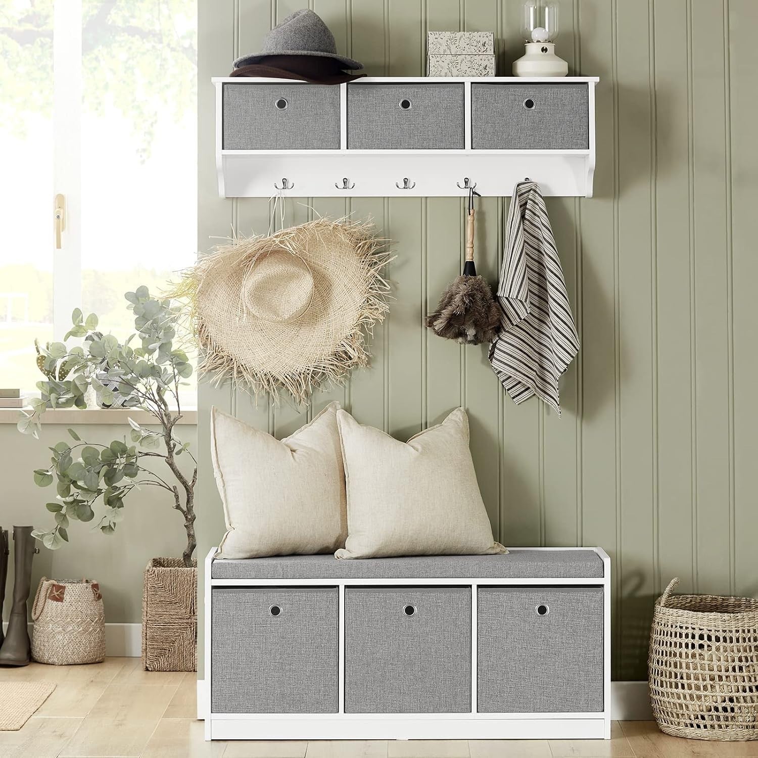 Modern Storage Bench with 3 Fabric Baskets & Cushion | Shoe Rack Cabinet