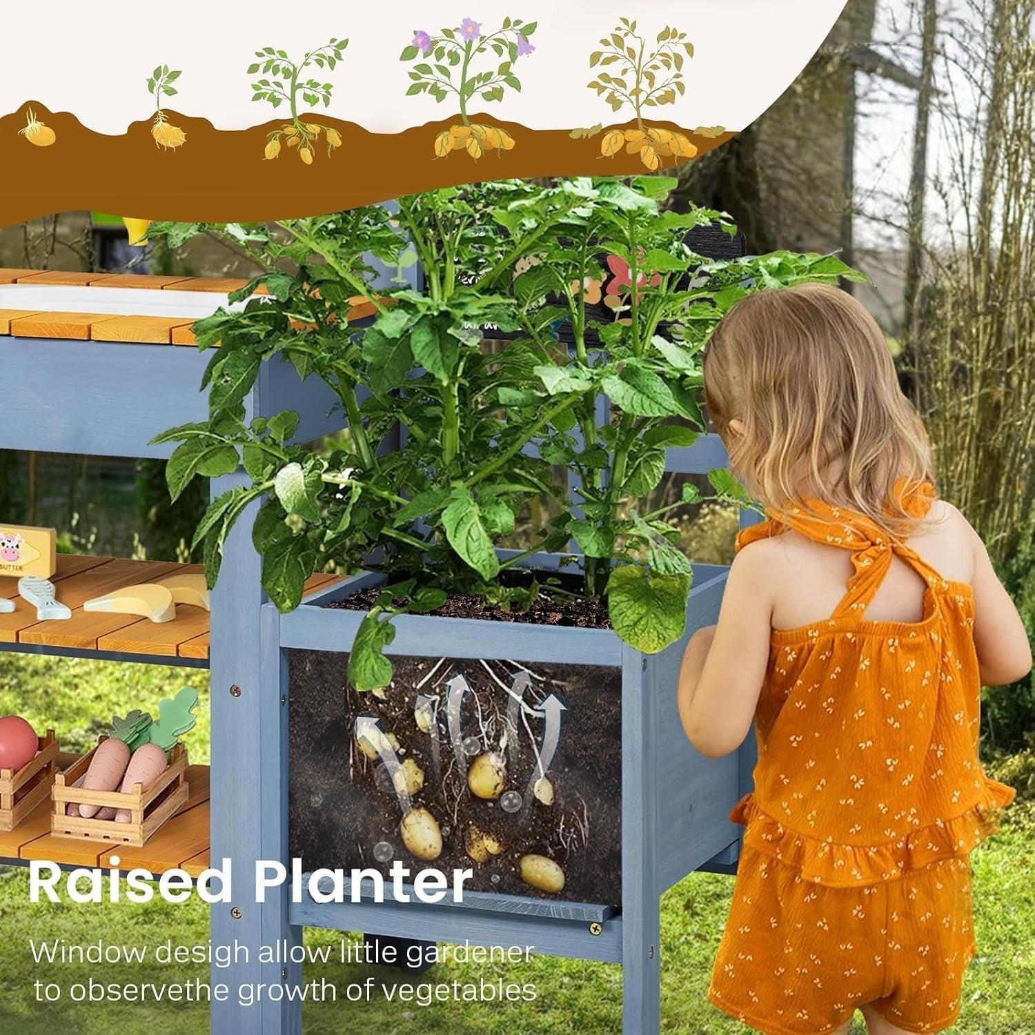 Outdoor Mud Kitchen for Kids w/ Planter Sink Gardening Toys