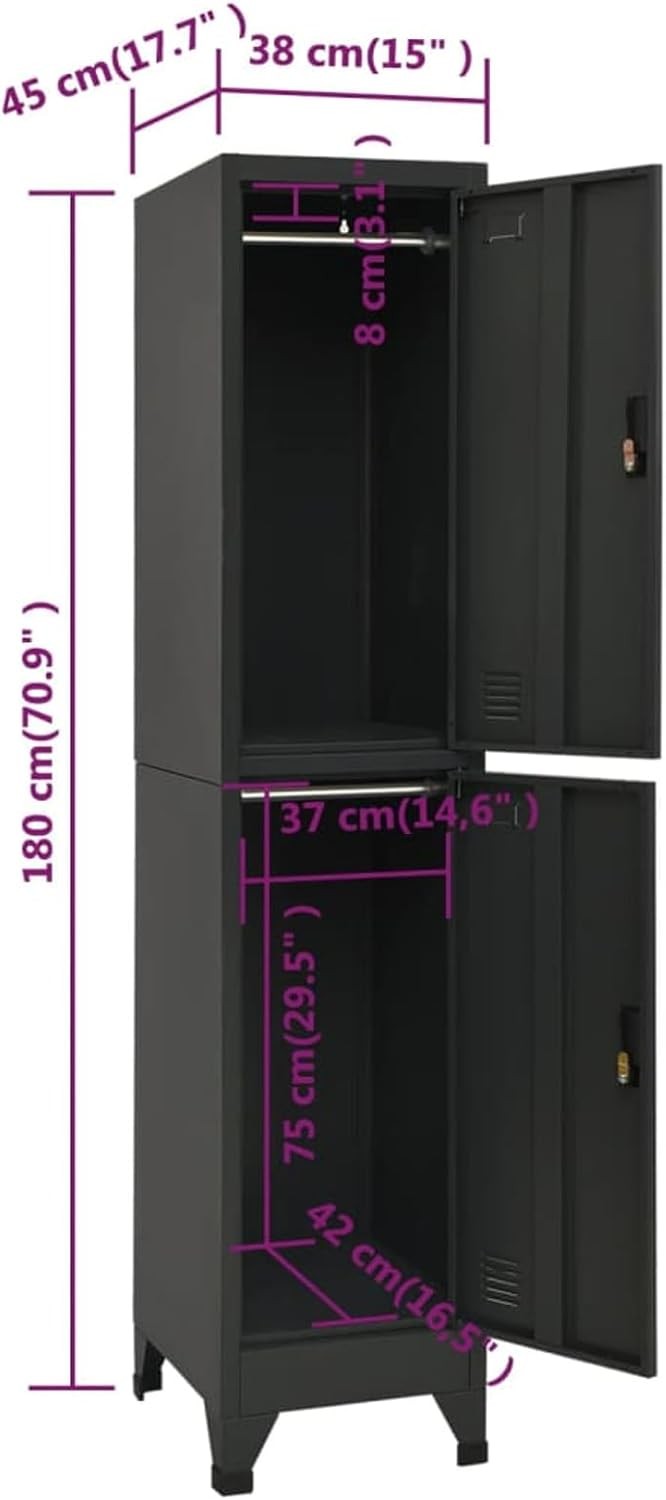 2 Door Metal Locker Cabinet Lockable Storage Cupboard Office Gym Anthracite