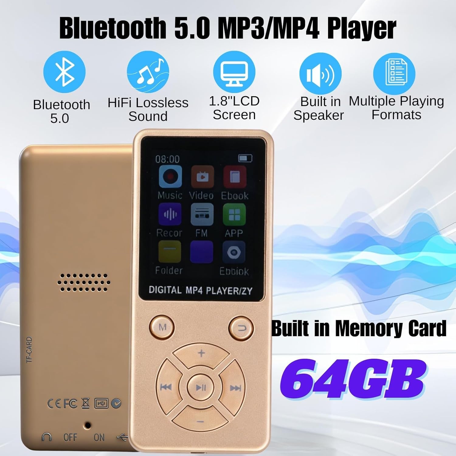 64GB Bluetooth 5.0 MP3 MP4 Player 1.8" LCD FM Radio Gold