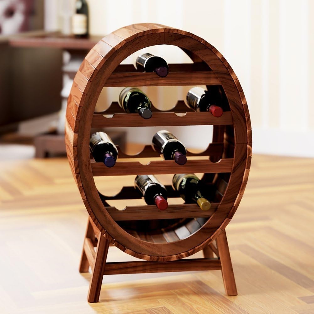 Rustic Barrel Wine Rack Solid Acacia Wood Holds 12 Bottles Floor Standing