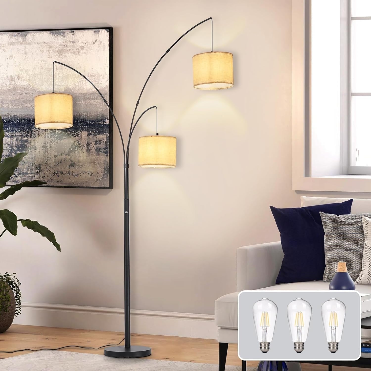 Adjustable 3-Head Dimmable Floor Lamp with Beige Shades for Living Room
