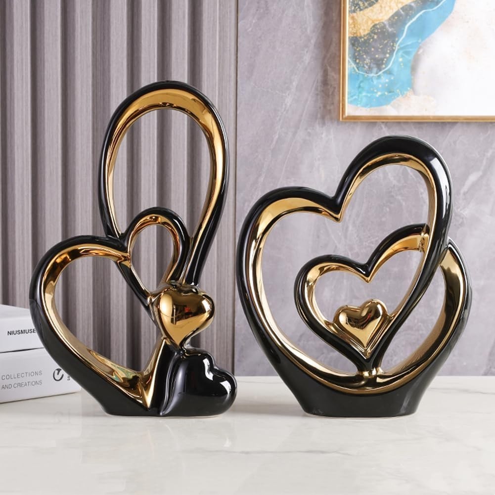 Modern Double Heart Ceramic Sculpture • Gold Accent Home Decor Gift Ornament