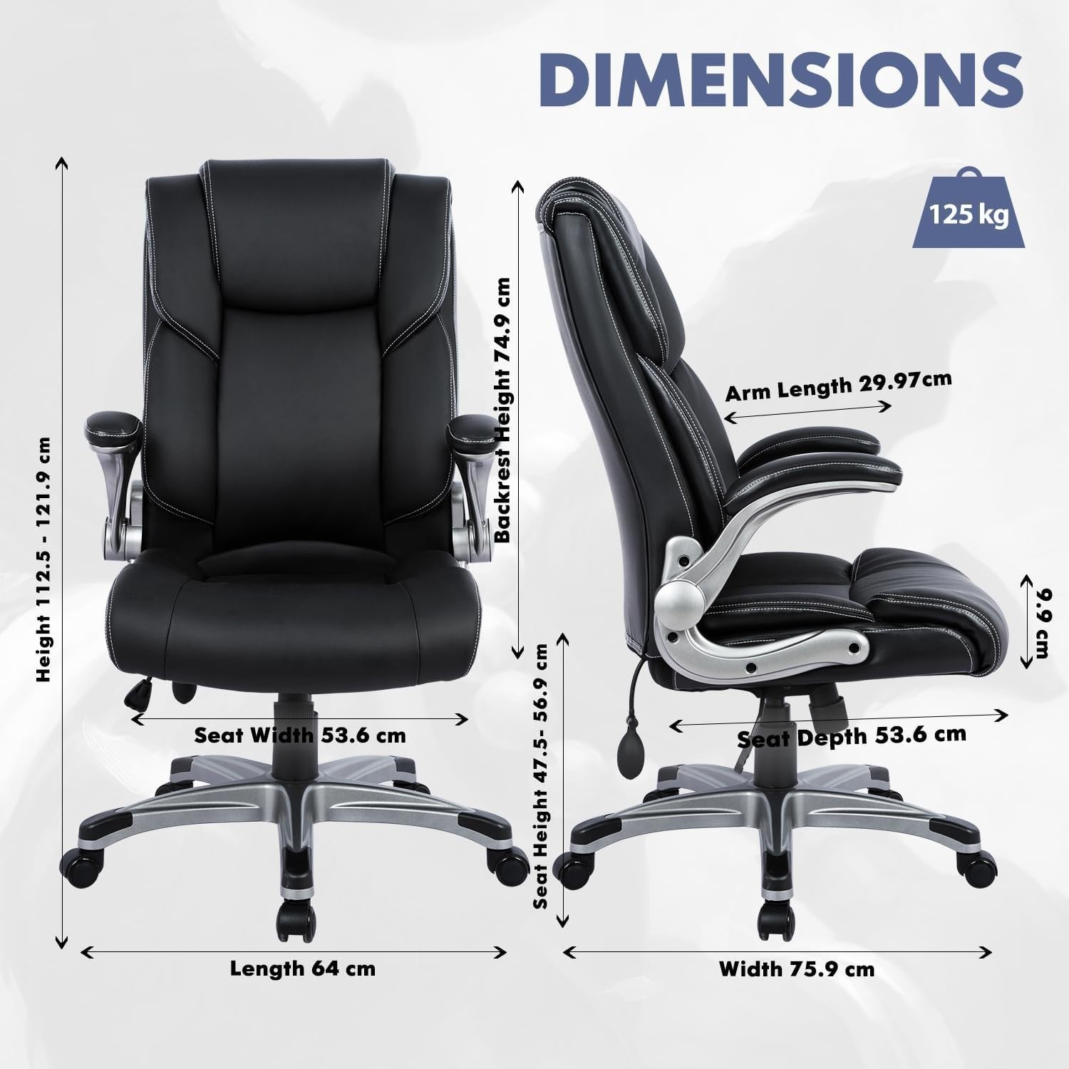 Office Chair Black Executive Desk Seat Memory Foam Lumbar Support Flip Up Arms