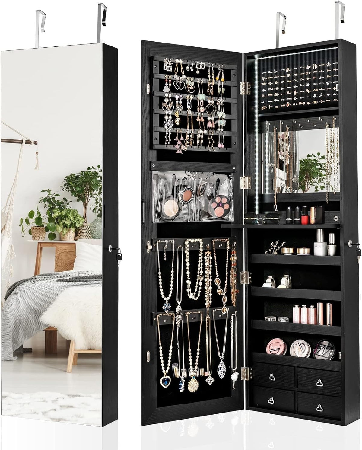 LED Mirror Jewelry Armoire Wall or Door Mount Lockable Makeup Storage