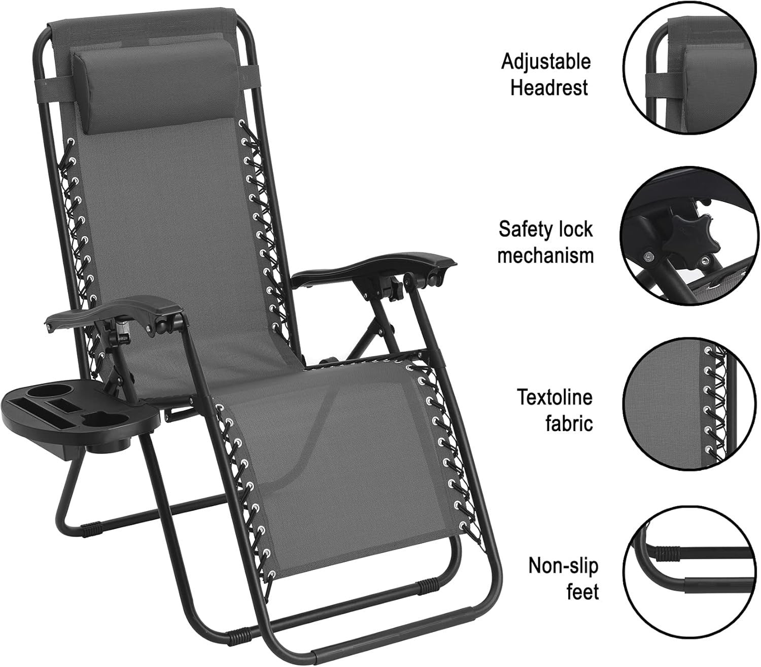 Zero Gravity Outdoor Reclining Chairs Set of 2 Foldable Sun Loungers Grey