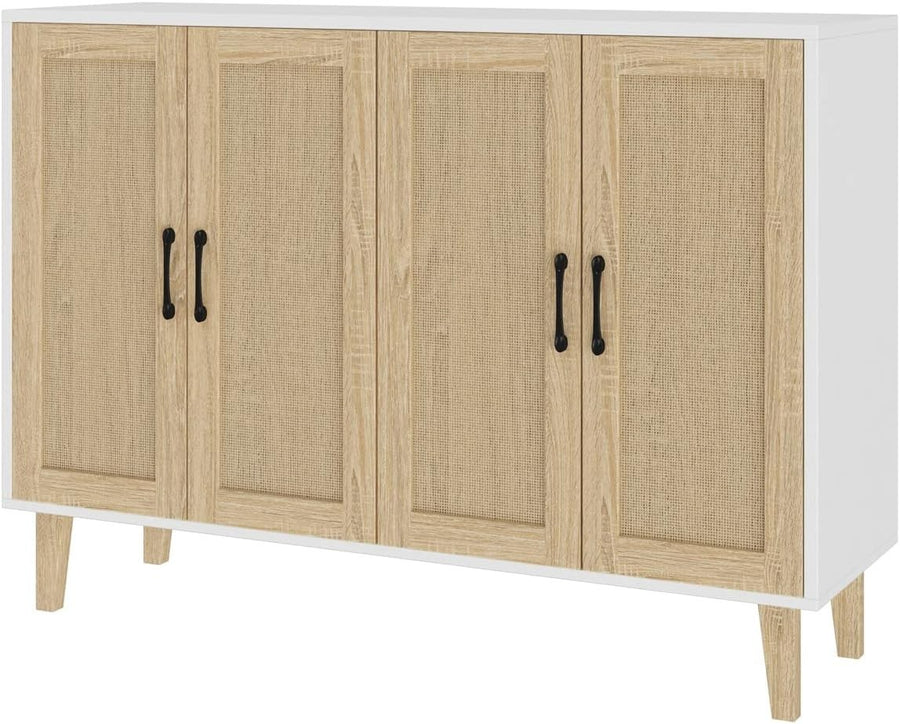 White Buffet Storage Cabinet with Adjustable Shelves Rattan Accent Modern