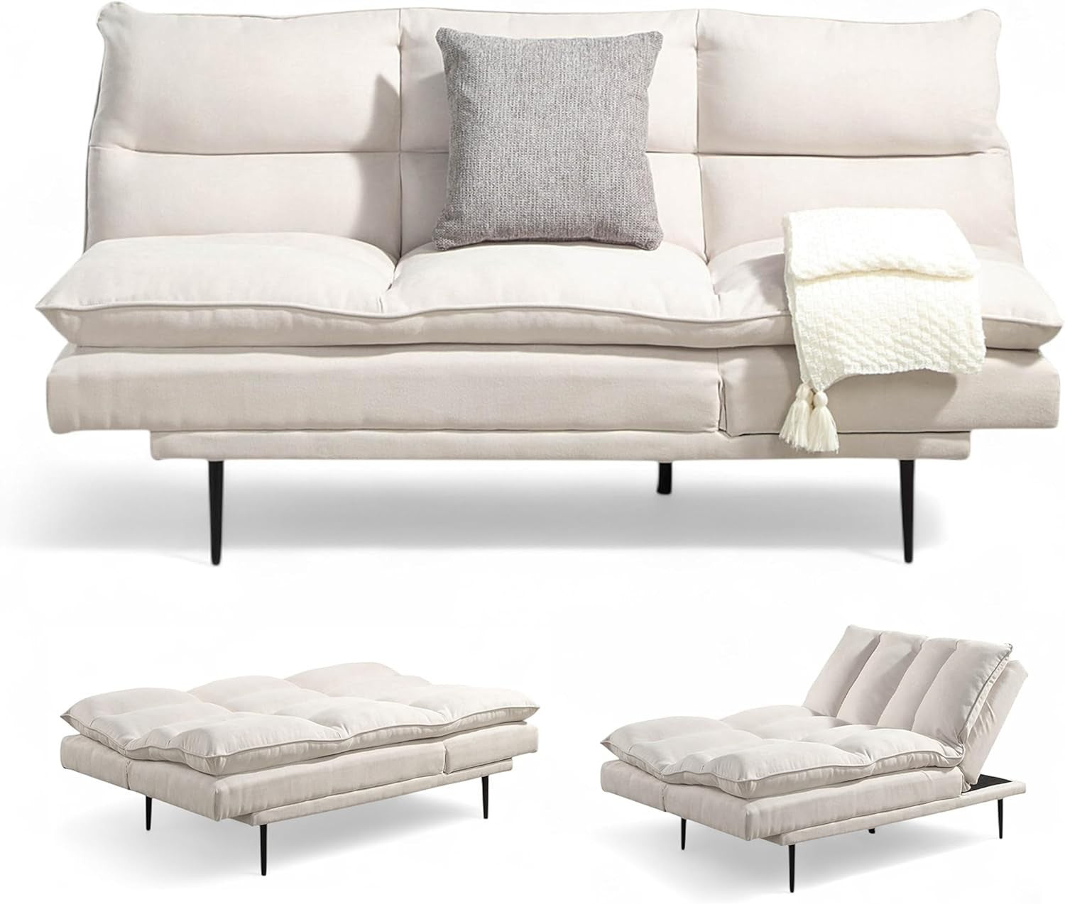 3 Seater Sofa Bed Modern Click Clack Recliner Beige Padded Couch New