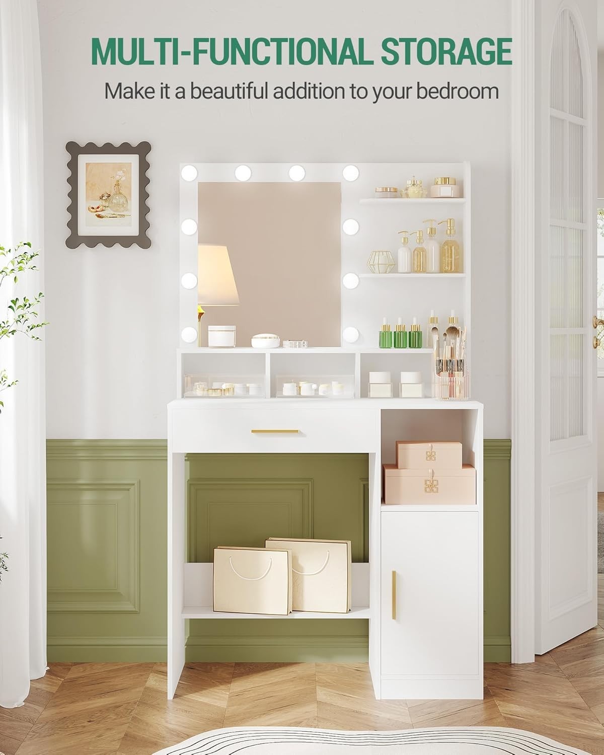 White Vanity Dressing Table Set with 10 Adjustable LED Lights Mirror Storage