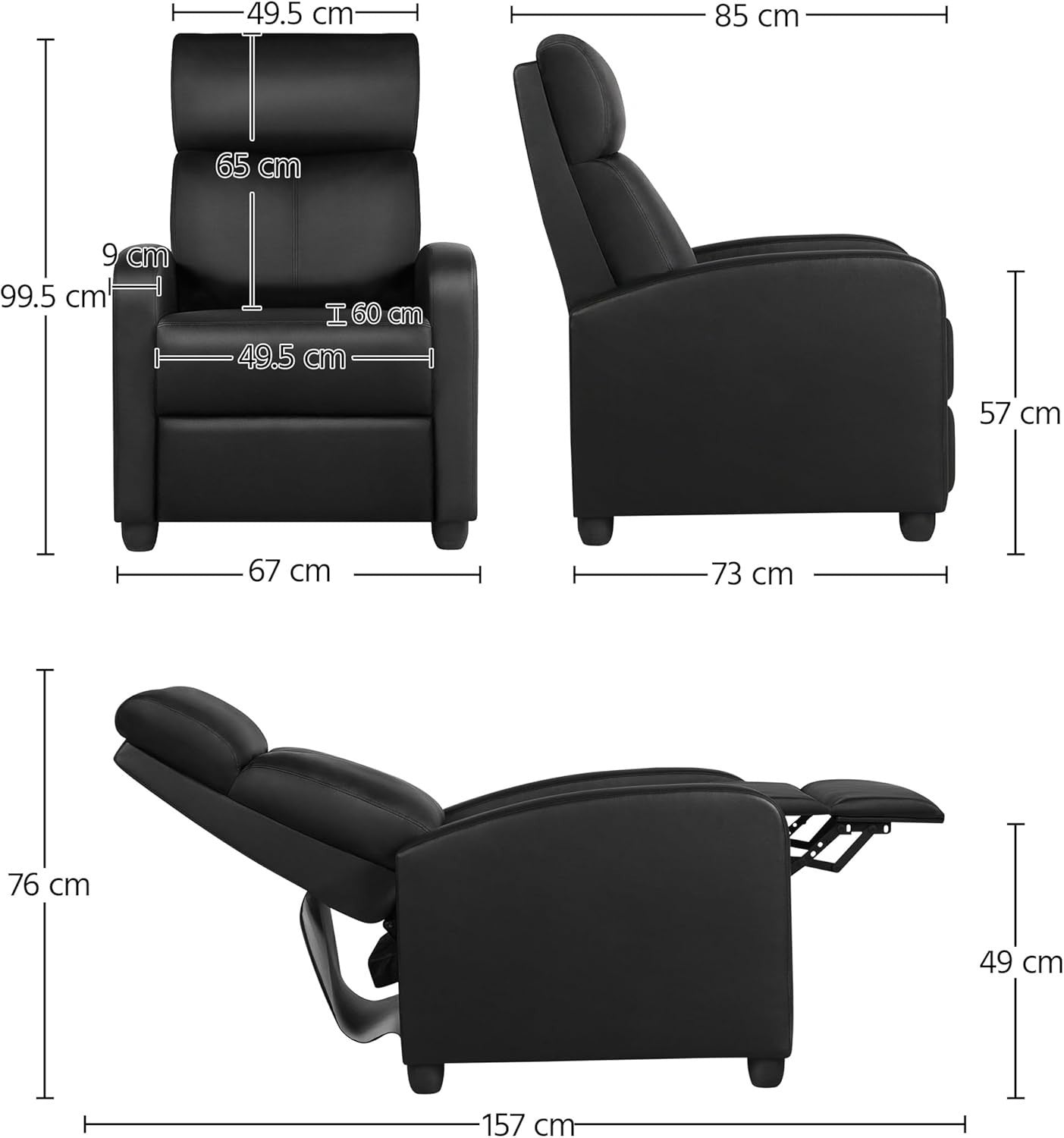 Black Faux Leather Recliner Chair Adjustable Armchair Lounge Home Cinema