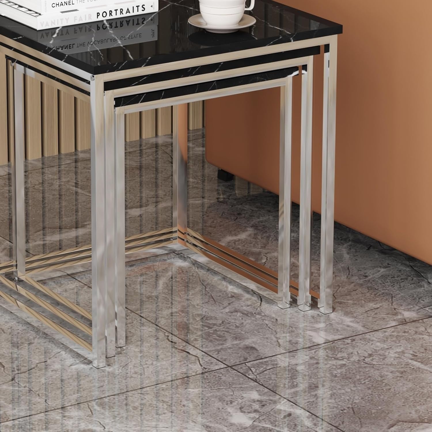 3 Nesting Coffee Tables Set Black Marble Square End Side Living Room Furniture