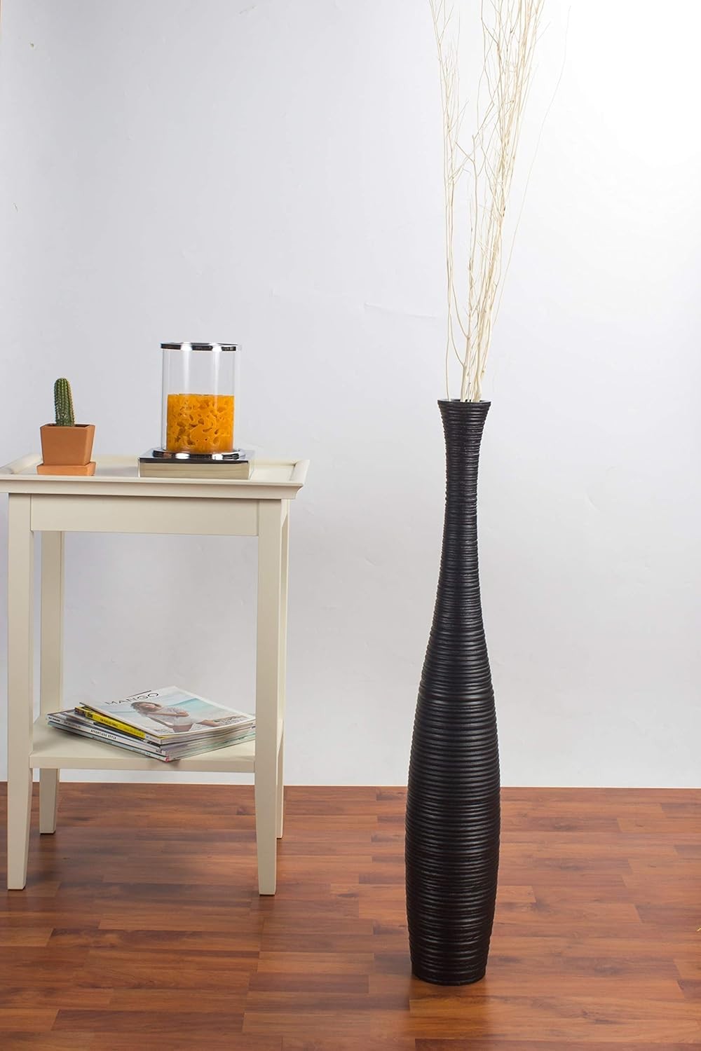 Black Floor Vase 65cm Tall Wooden Decor Pampas Grass