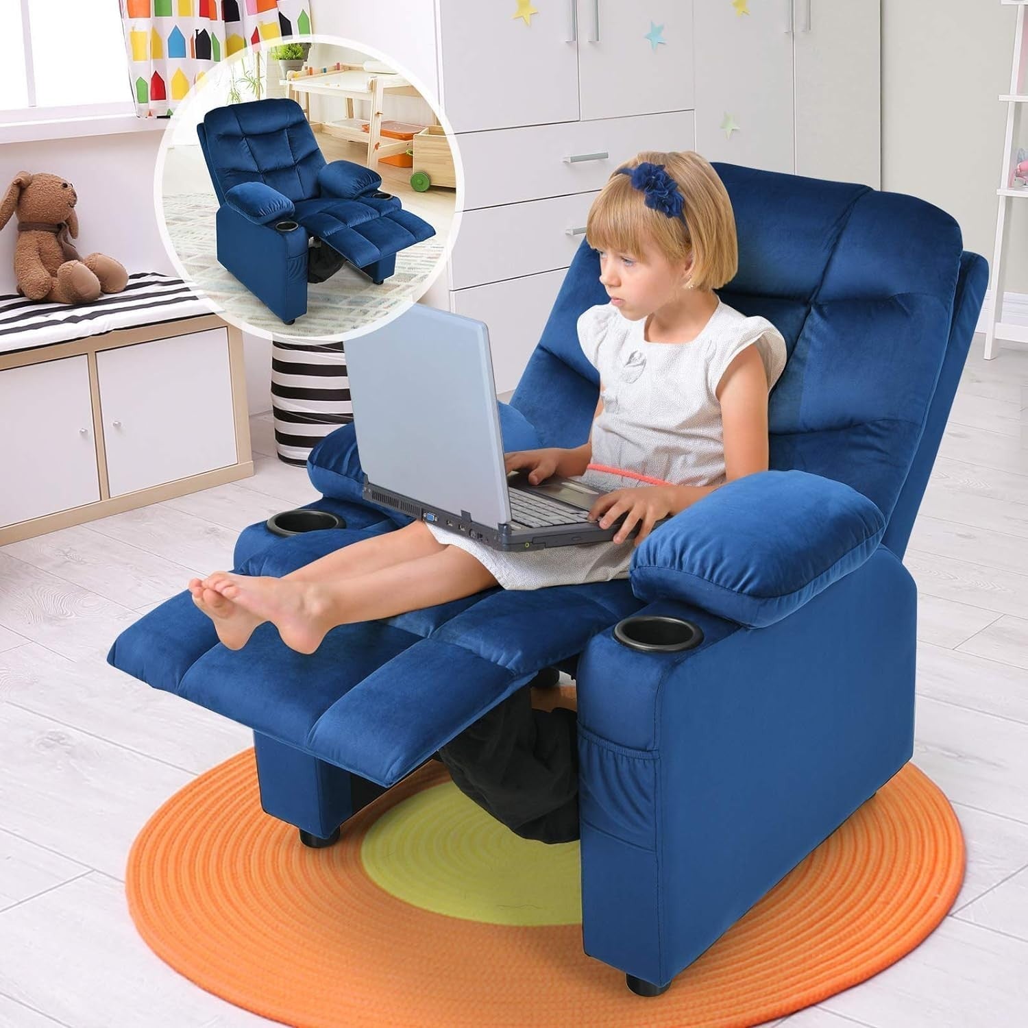 Adjustable Kids Recliner Chair Blue w/ Footrest, Velvet, Cup Holders & Storage