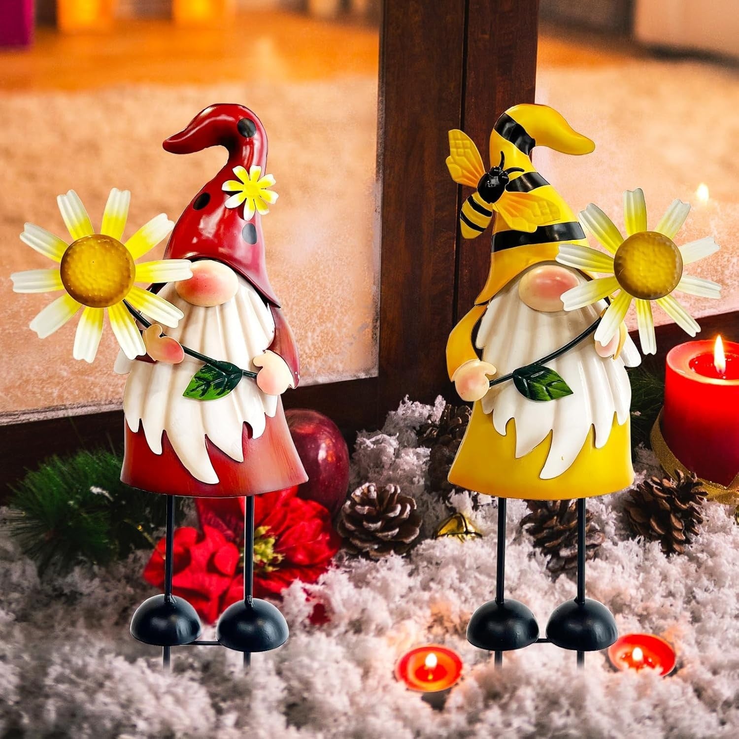 Metal Gnome Garden Ornaments Set of 2 Outdoor Sunflower Yard Decor 18"