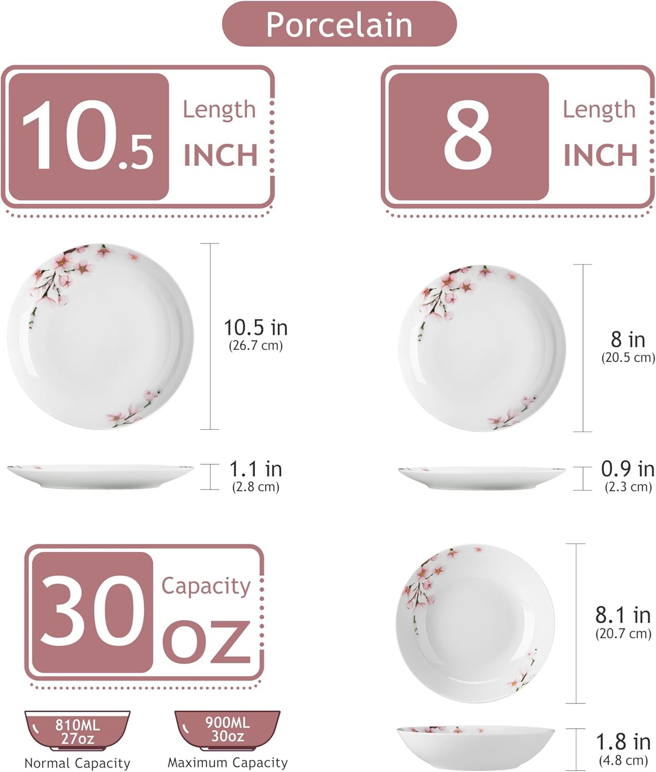 18 Piece Porcelain Dinner Set Floral Plates Bowls Dishwasher Microwave Safe
