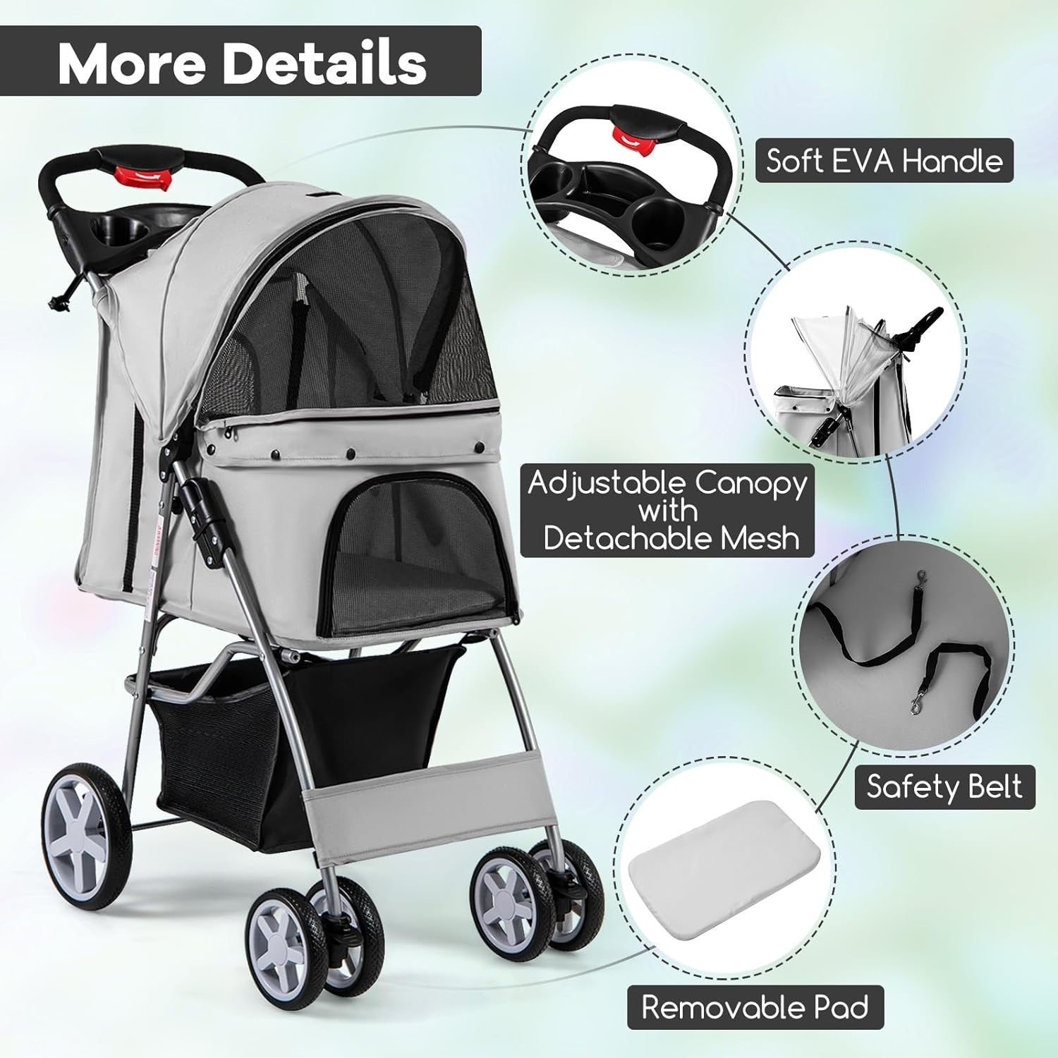Dog Cat Pet Stroller Foldable Buggy Lockable Wheels Canopy 15kg