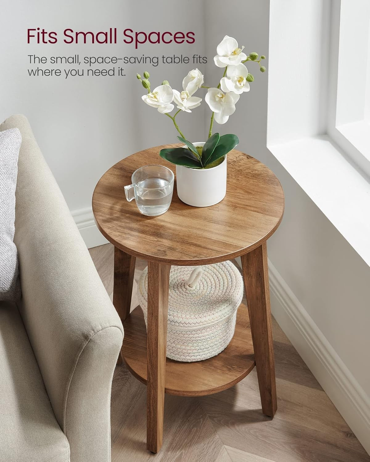 Rustic Round Side Table with Shelf, Small Bedside End Table for Living Rooms