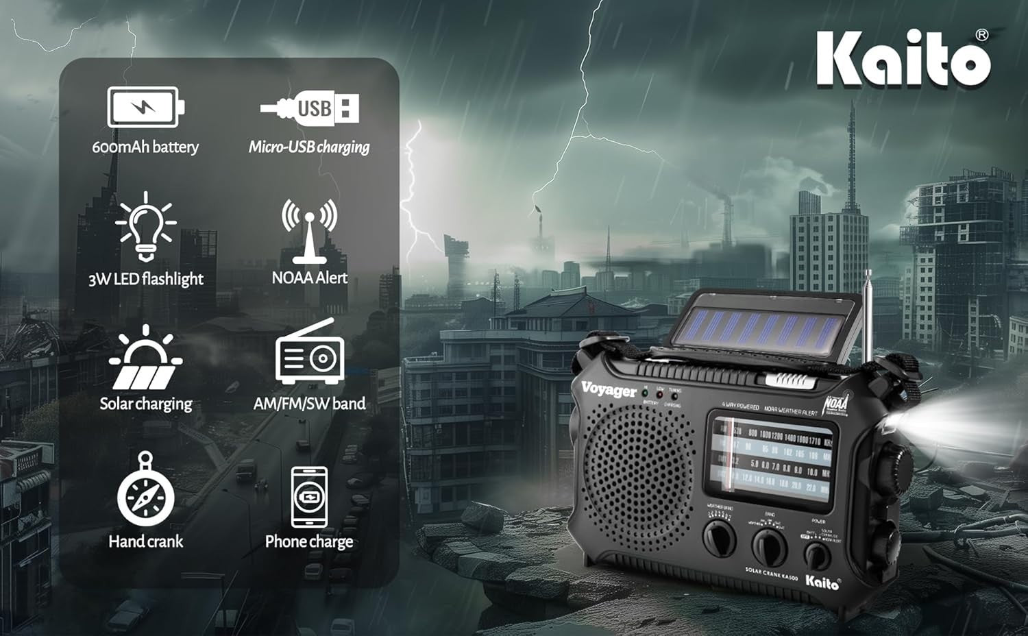 Emergency Weather Alert Radio Solar Hand Crank AM FM SW 7 Band Black