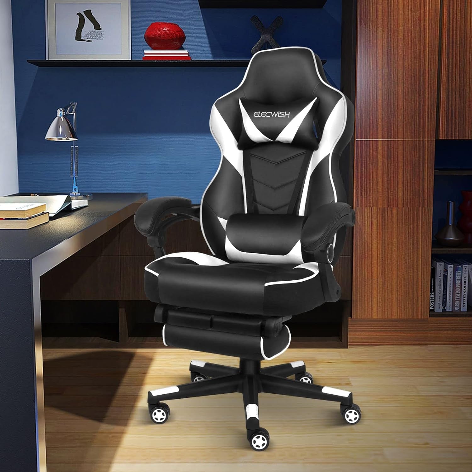 Gaming Chair with Massage & Footrest Reclining Ergonomic White