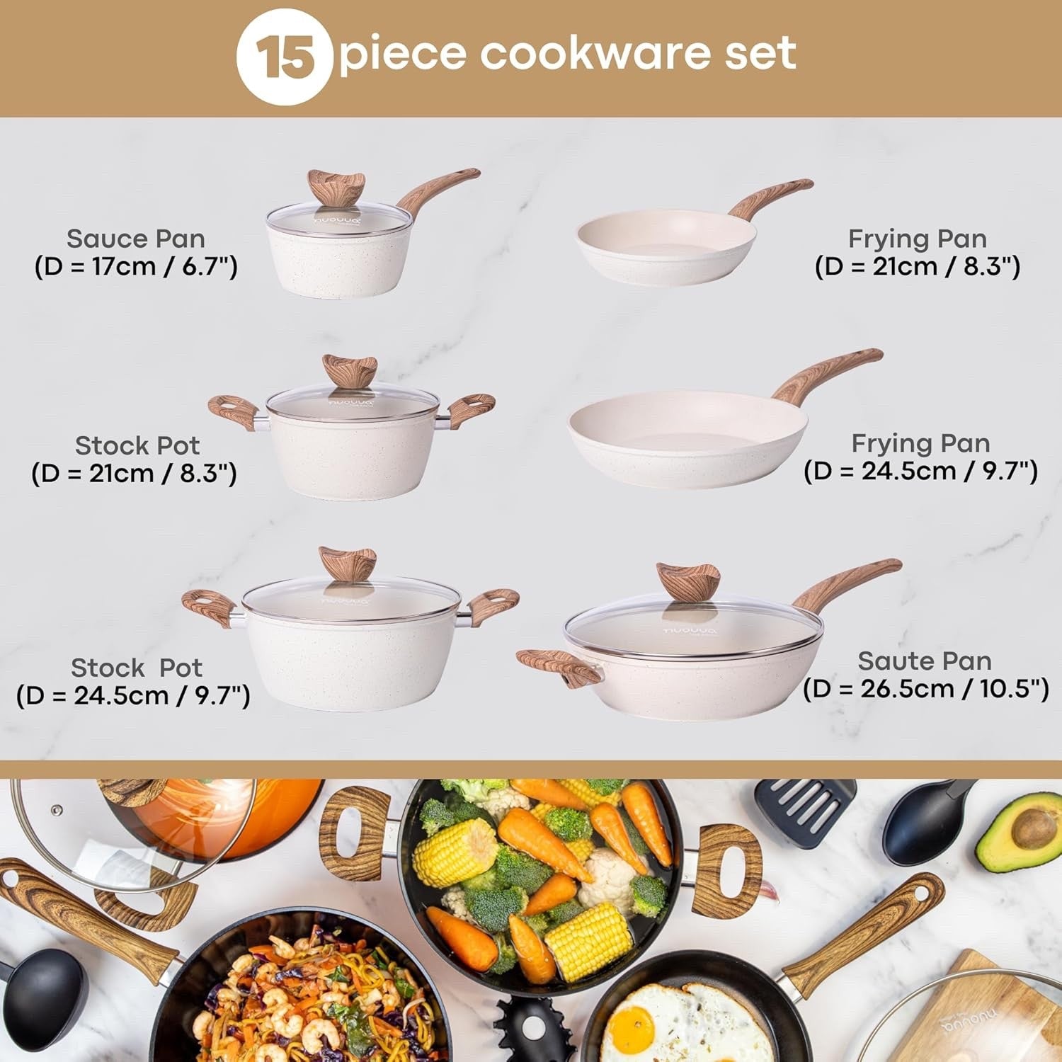 15pcs Cream Granite Non Stick Cookware Set – Induction Pots & Pans with Lids