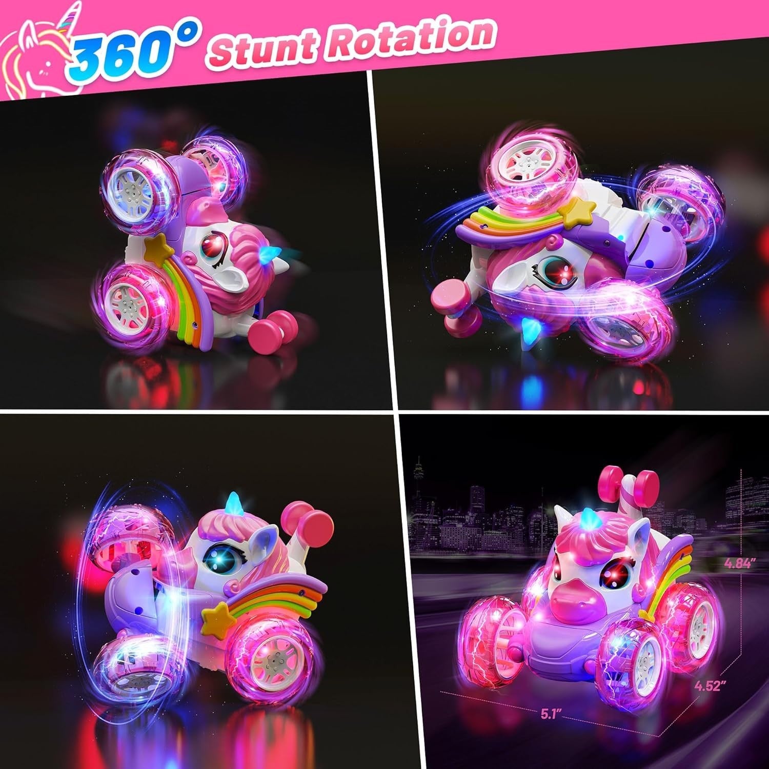 Unicorn RC Car for Girls – LED Stunt Remote Control Toy for Kids 3-6
