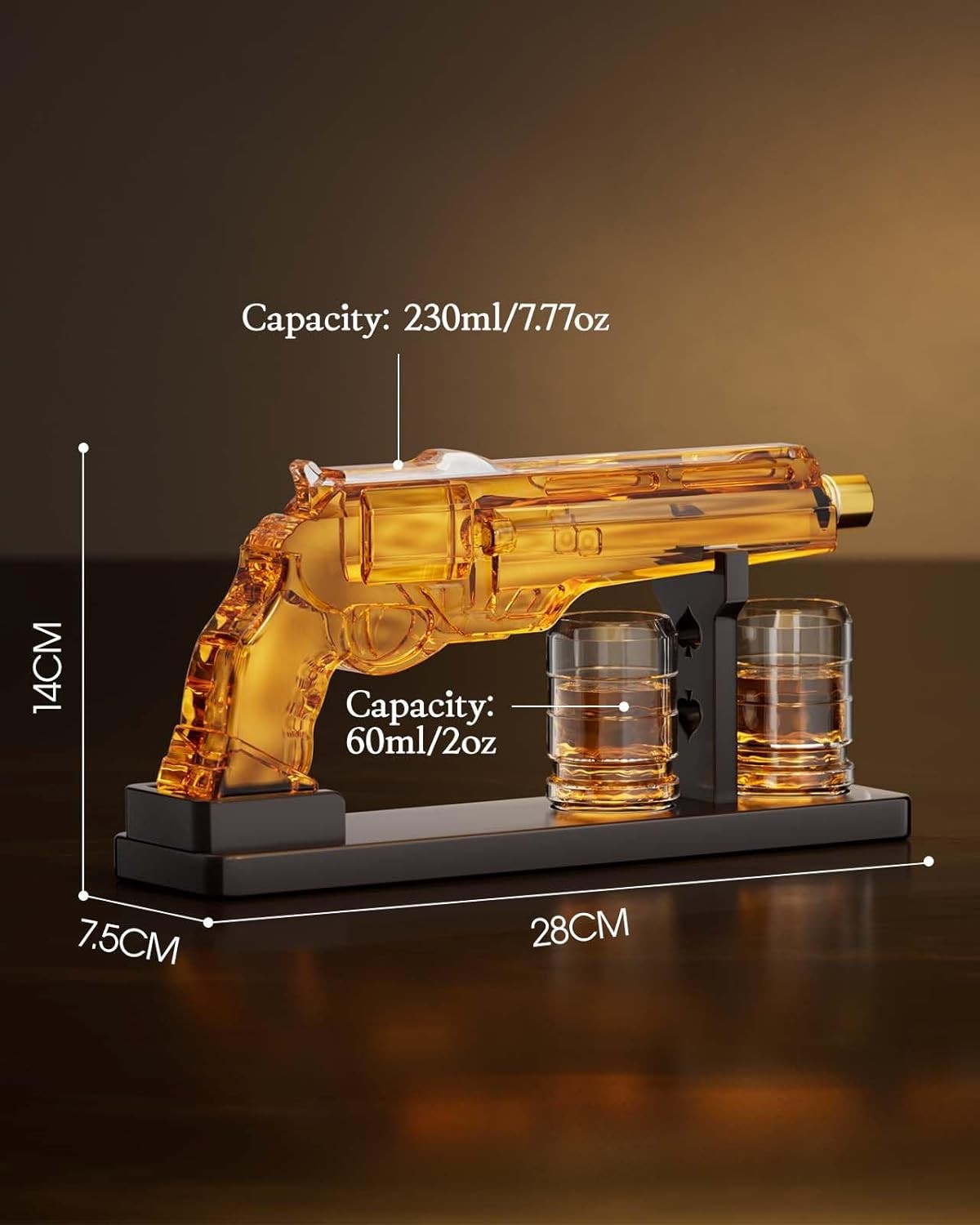 Gold Gun Whiskey Decanter Set with 2 Glasses Display Stand Unique Bar Gift