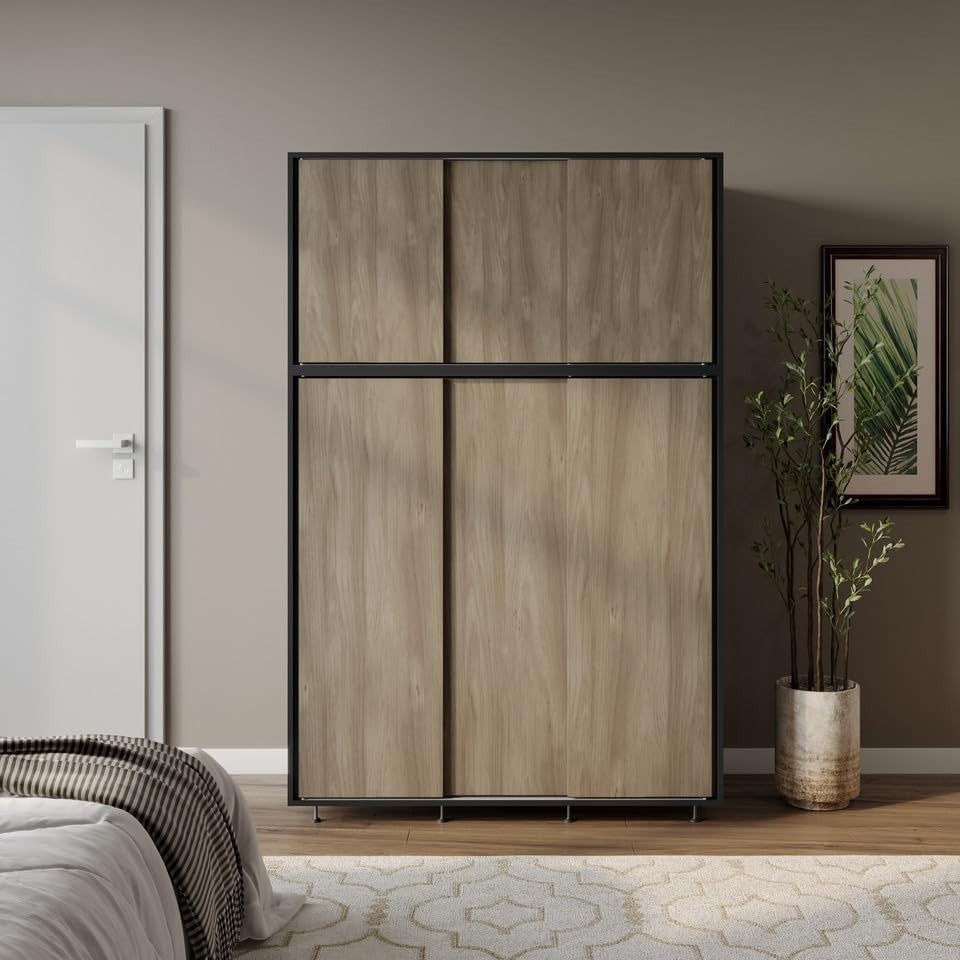 6-Door Oak Sliding Wardrobe with Adjustable Feet & Spacious Bedroom Storage