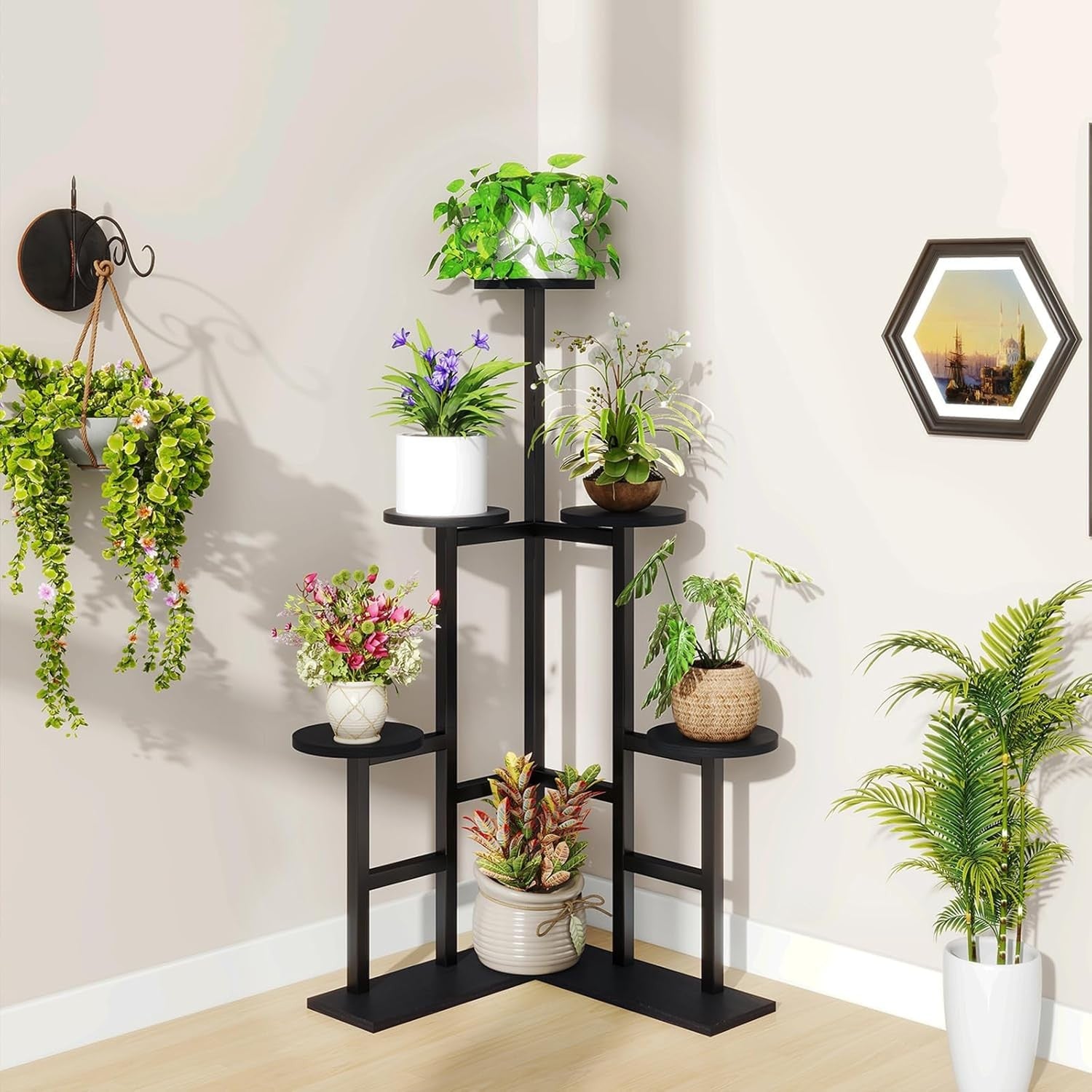 6 Tier Black Metal Wood Plant Stand | Tall Indoor Corner Flower Pot Display Shel