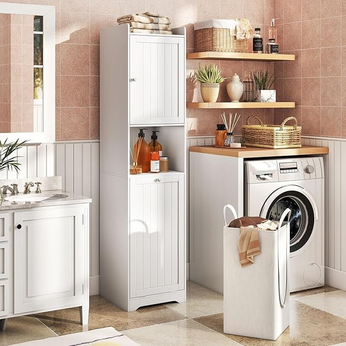 Bathroom Tall Cabinet with Tilt-Out Laundry Basket, Slim Bathroom Storage