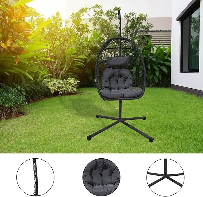 Rattan Egg Swing Chair Indoor Outdoor w/ Cushion, Cover & 350lb Frame
