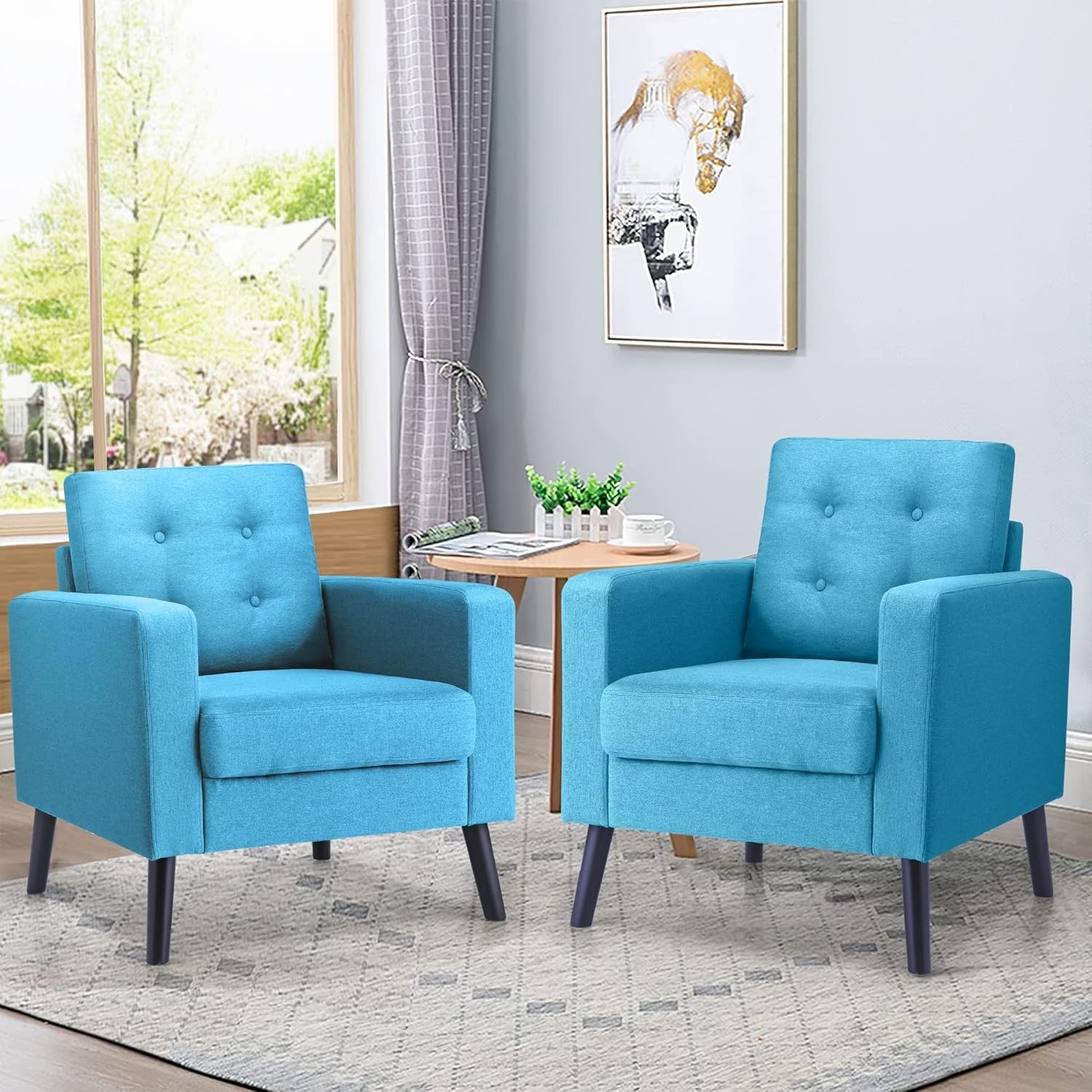 Blue Accent Armchair Button Tufted Linen Lounge Chair
