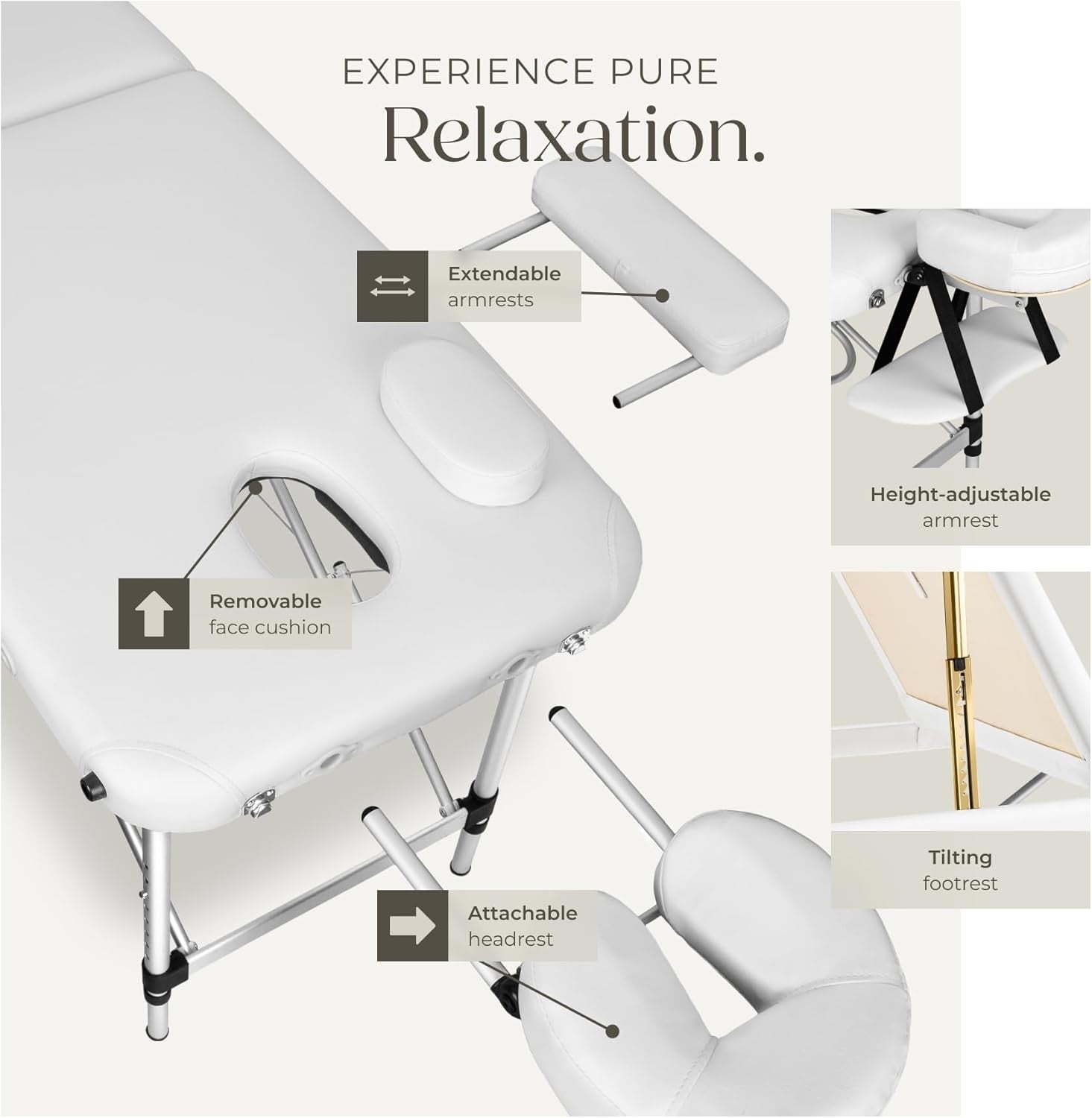 Portable 3 Section Massage Table Foldable Spa Beauty Bed 61cm Adjustable White