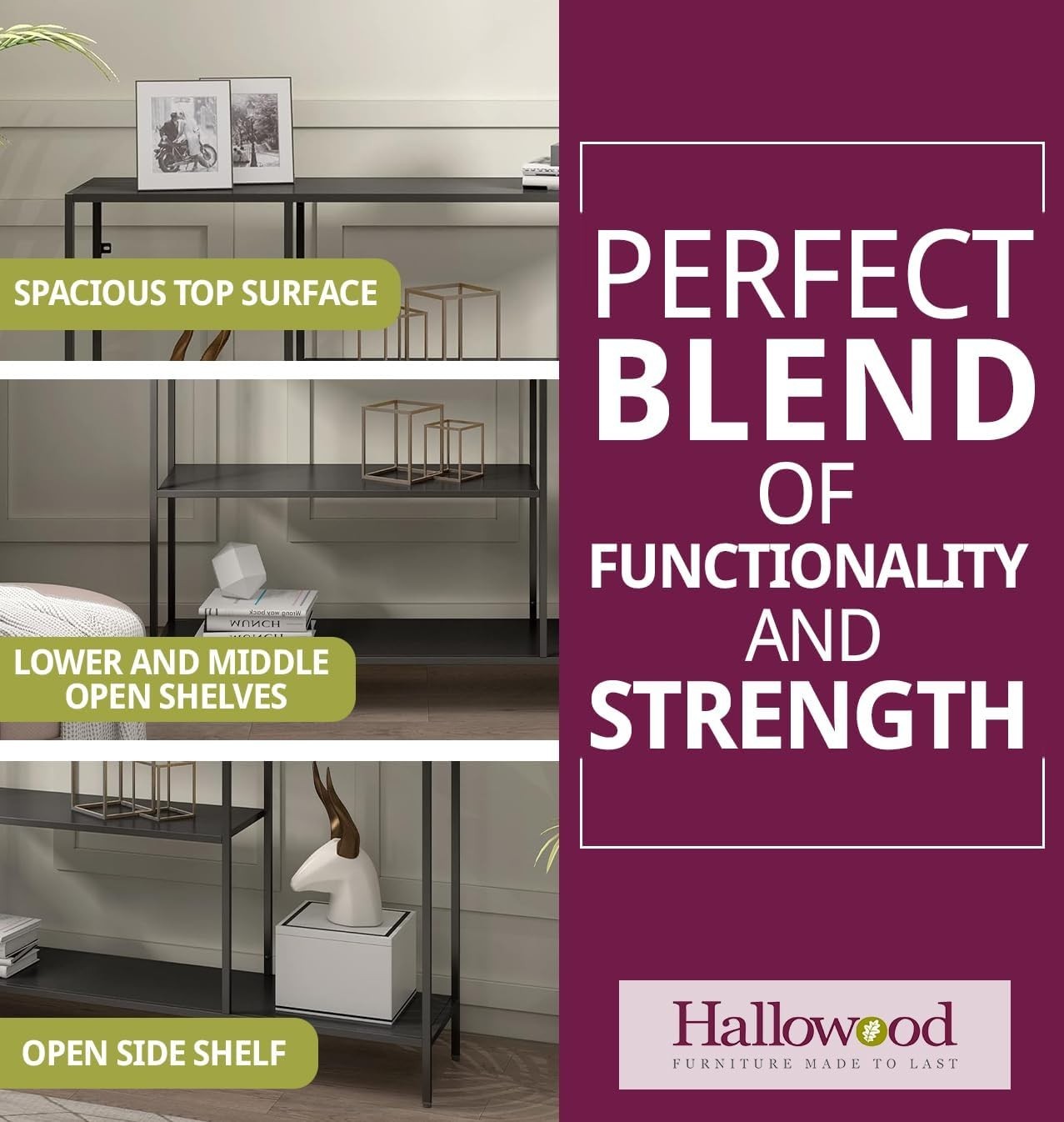 Slim Black Console Table with Storage Shelves – Modern Narrow Hallway Desk