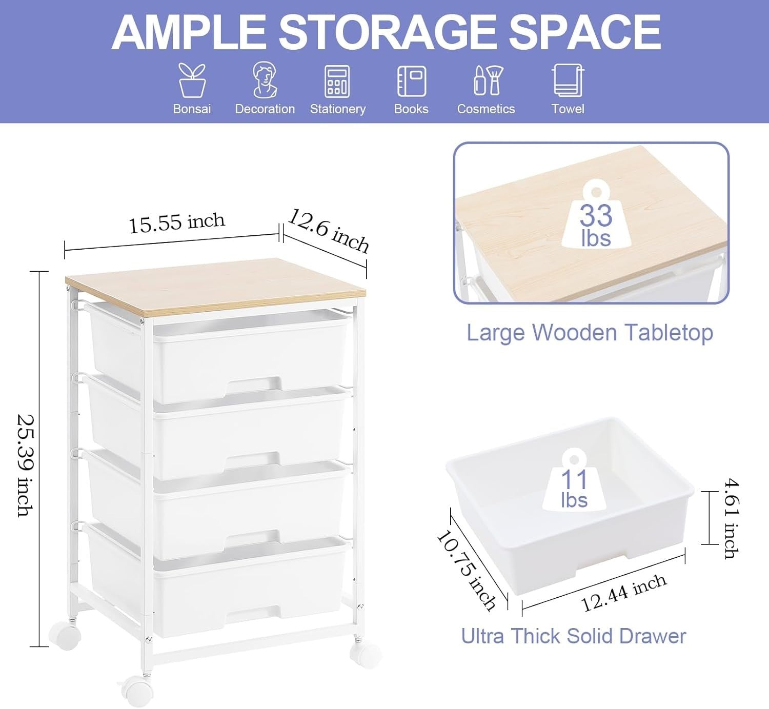 4 Drawer Rolling Storage Cart Utility Trolley Organiser Lockable Wheels