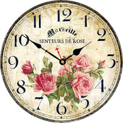 Vintage Floral Wall Clock 14in Wooden Silent Quartz Rustic French Rose Design