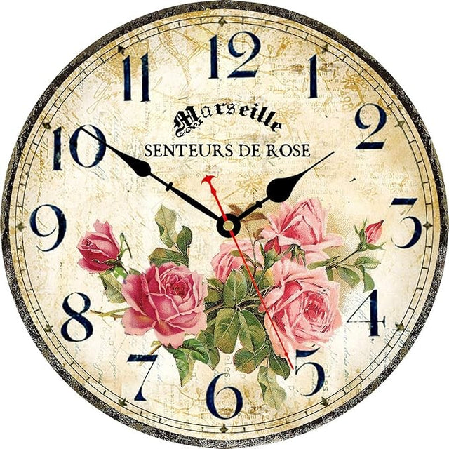 Vintage Floral Wall Clock 14in Wooden Silent Quartz Rustic French Rose Design