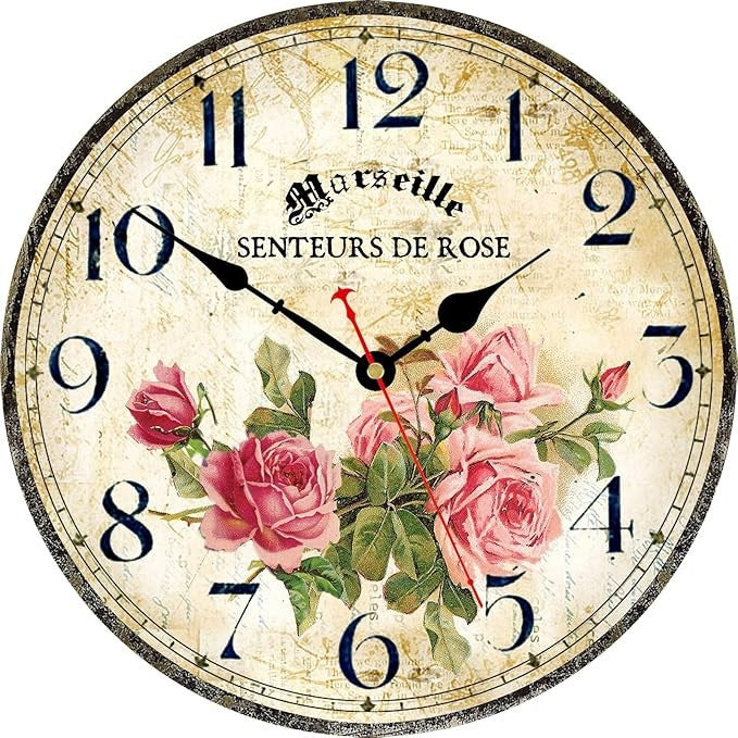 Vintage Floral Wall Clock 14in Wooden Silent Quartz Rustic French Rose Design