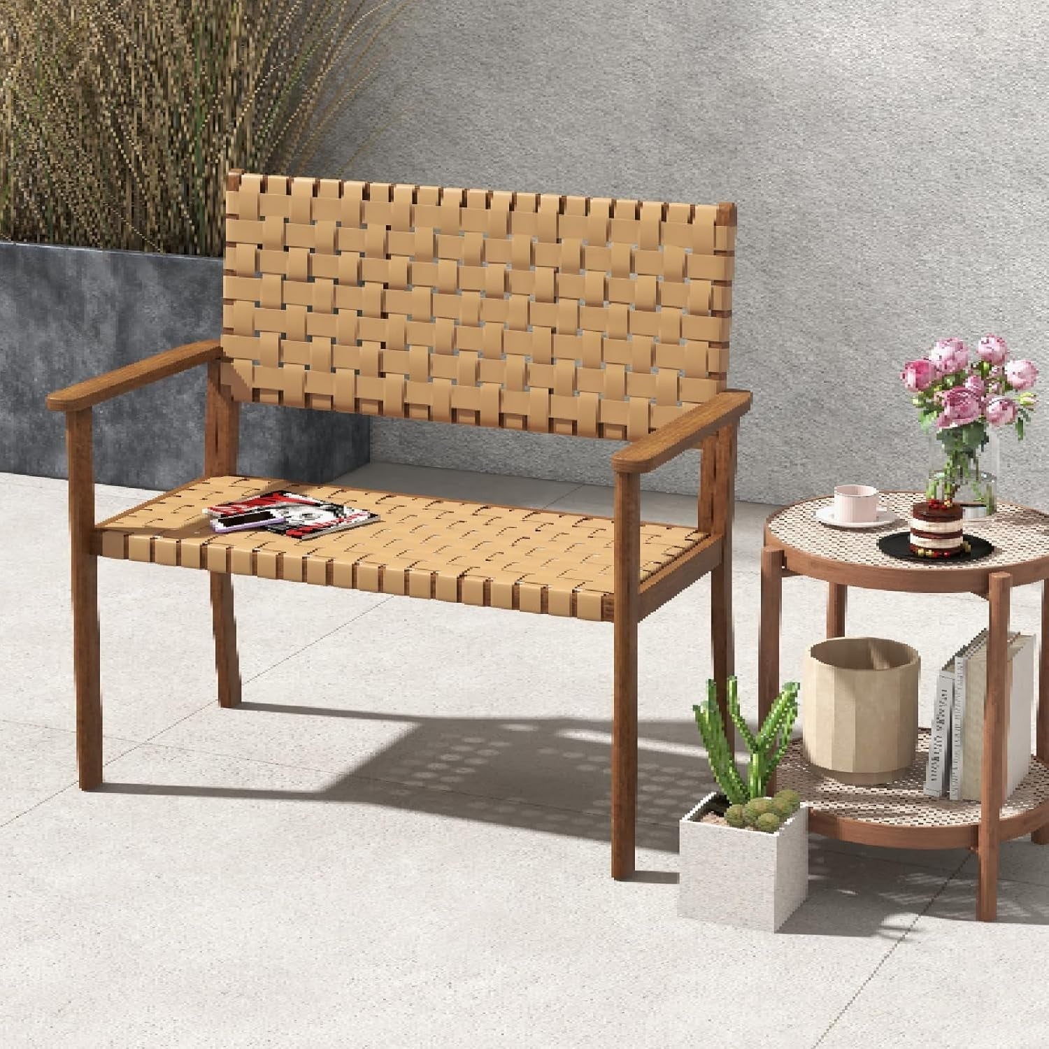 2 Seater Outdoor Rattan Garden Bench with Wood Frame Patio Balcony Seat