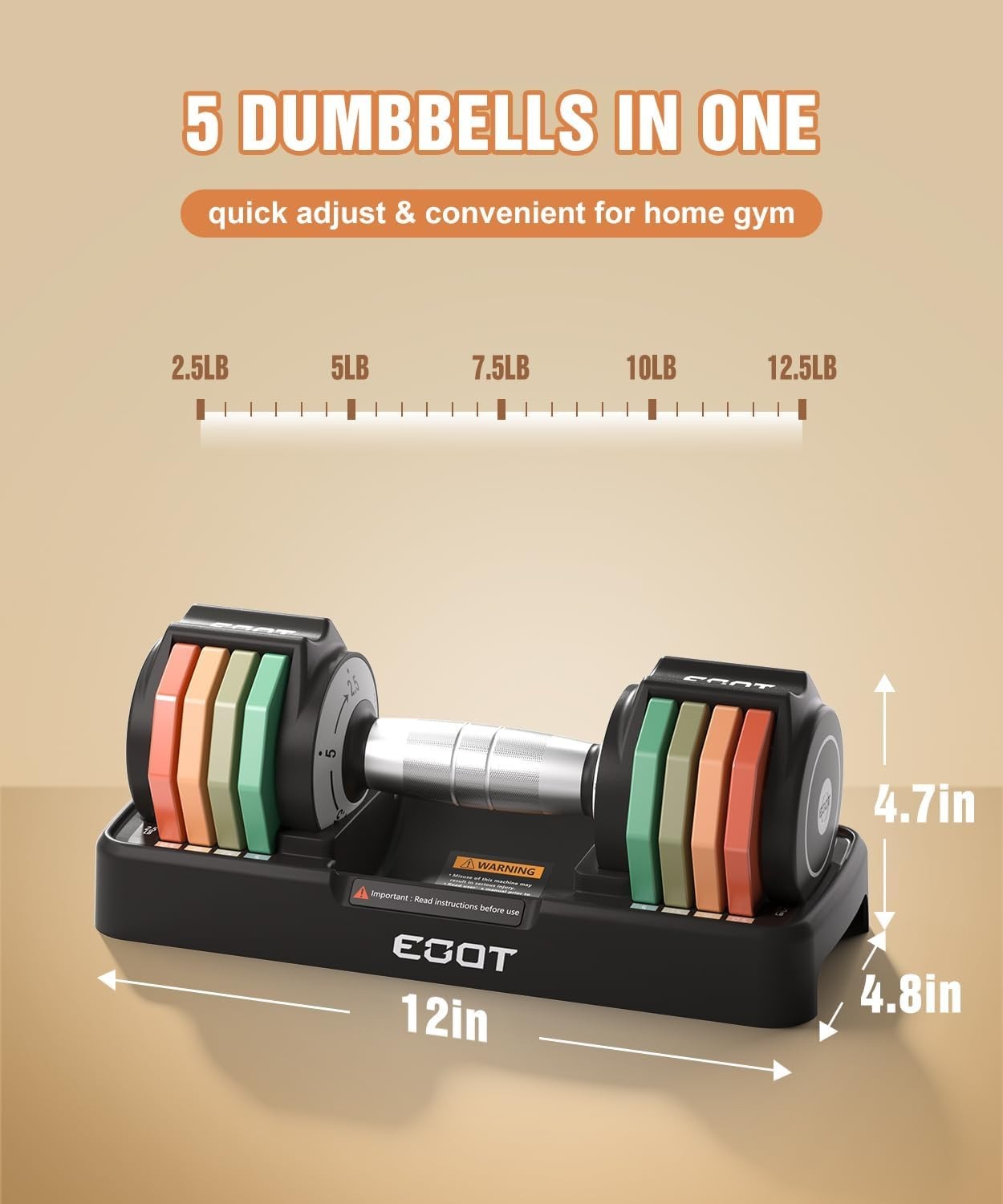 5-in-1 Adjustable Dumbbells Pair 5.6KG Rainbow Plates Non-Slip Home Gym