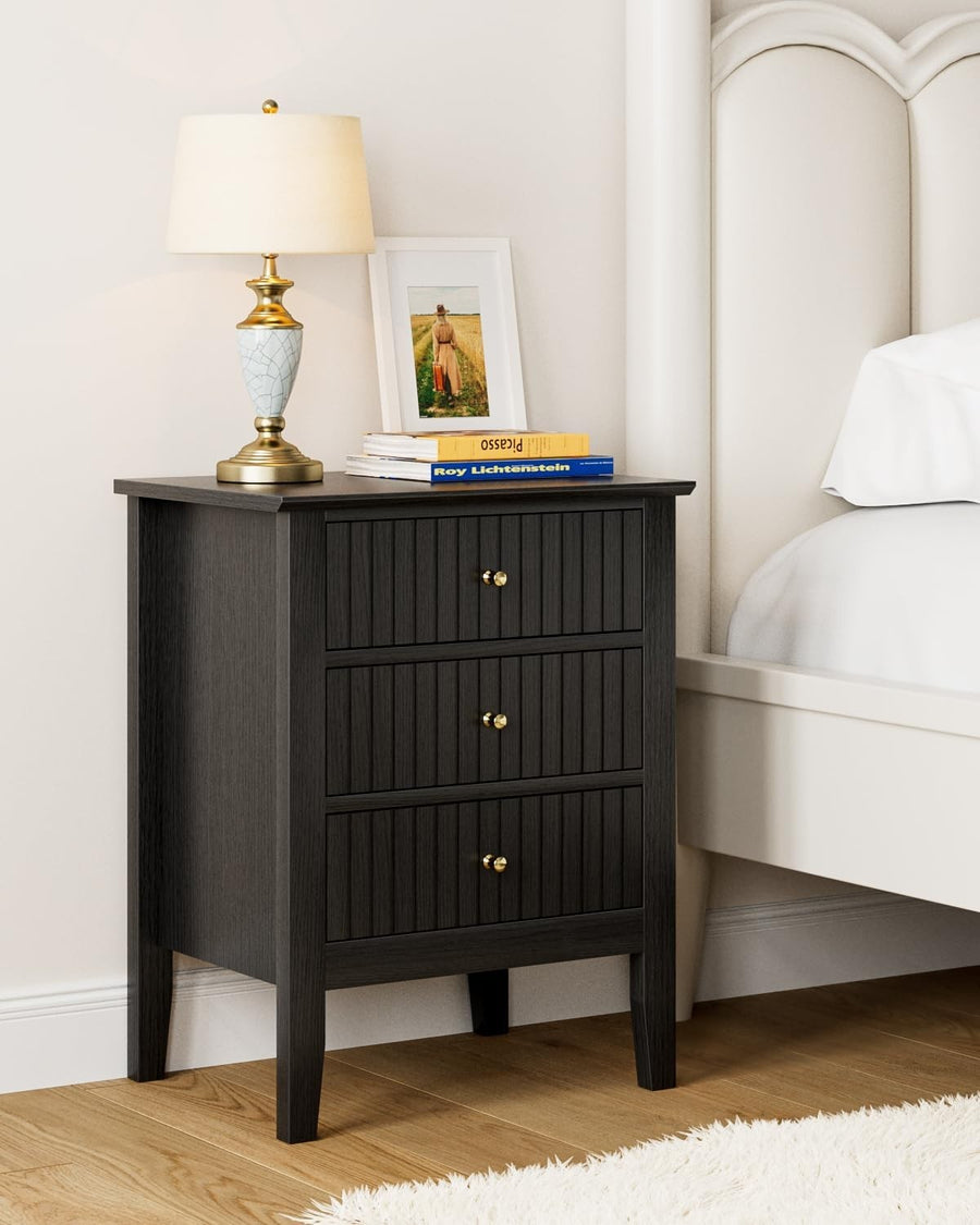 Modern Black Bedside Table with 3 Drawers Wooden Nightstand Bedroom Storage