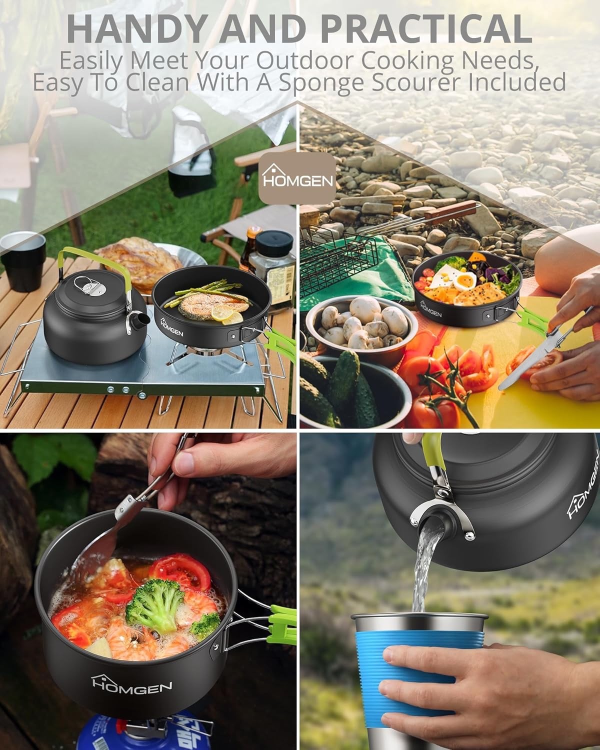 Green Camping Cookware Set with Pot Frying Pan, Kettle & Utensils for 2–3 People