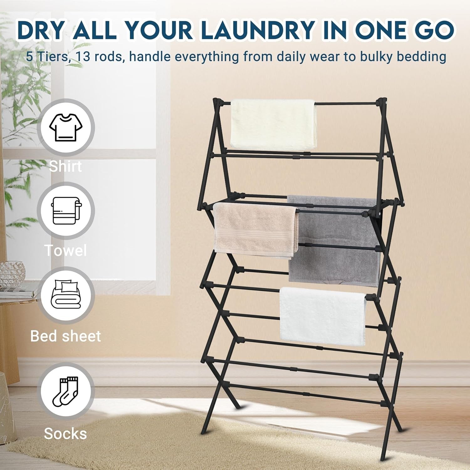 4 Tier Clothes Airer Extendable Foldable Drying Rack Space Saving Black