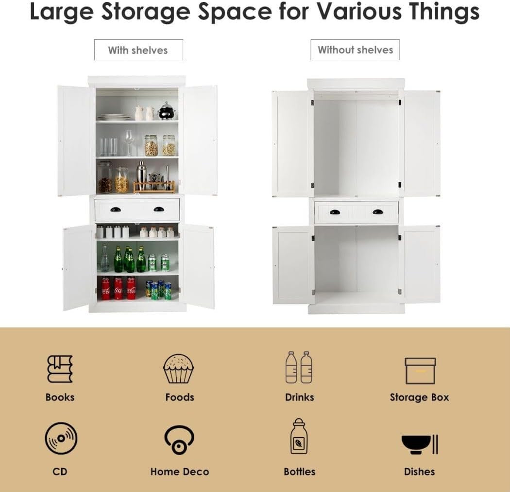 White Tall Kitchen Cupboard 183cm Pantry Storage Cabinet AdjustableUnit