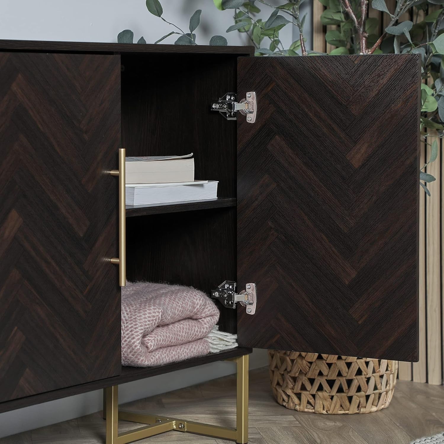 Dark Wood Sideboard Storage Cabinet with Gold Handles, Modern 2-Door Buffet