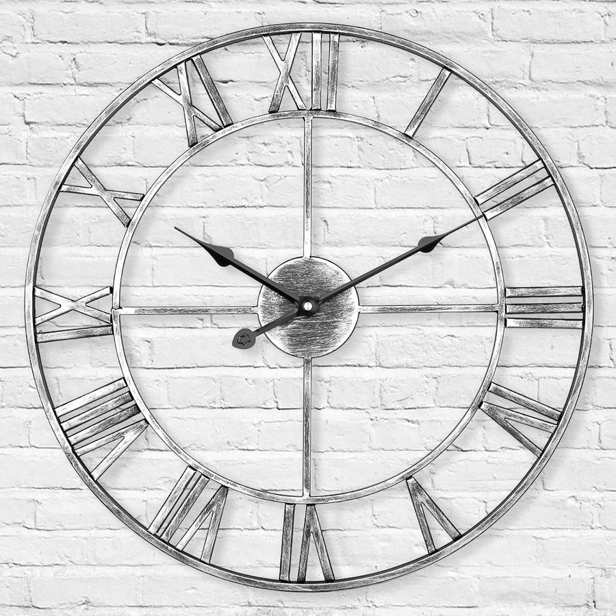 47cm Silver Metal Skeleton Wall Clock Roman Numeral Silent Vintage Decor